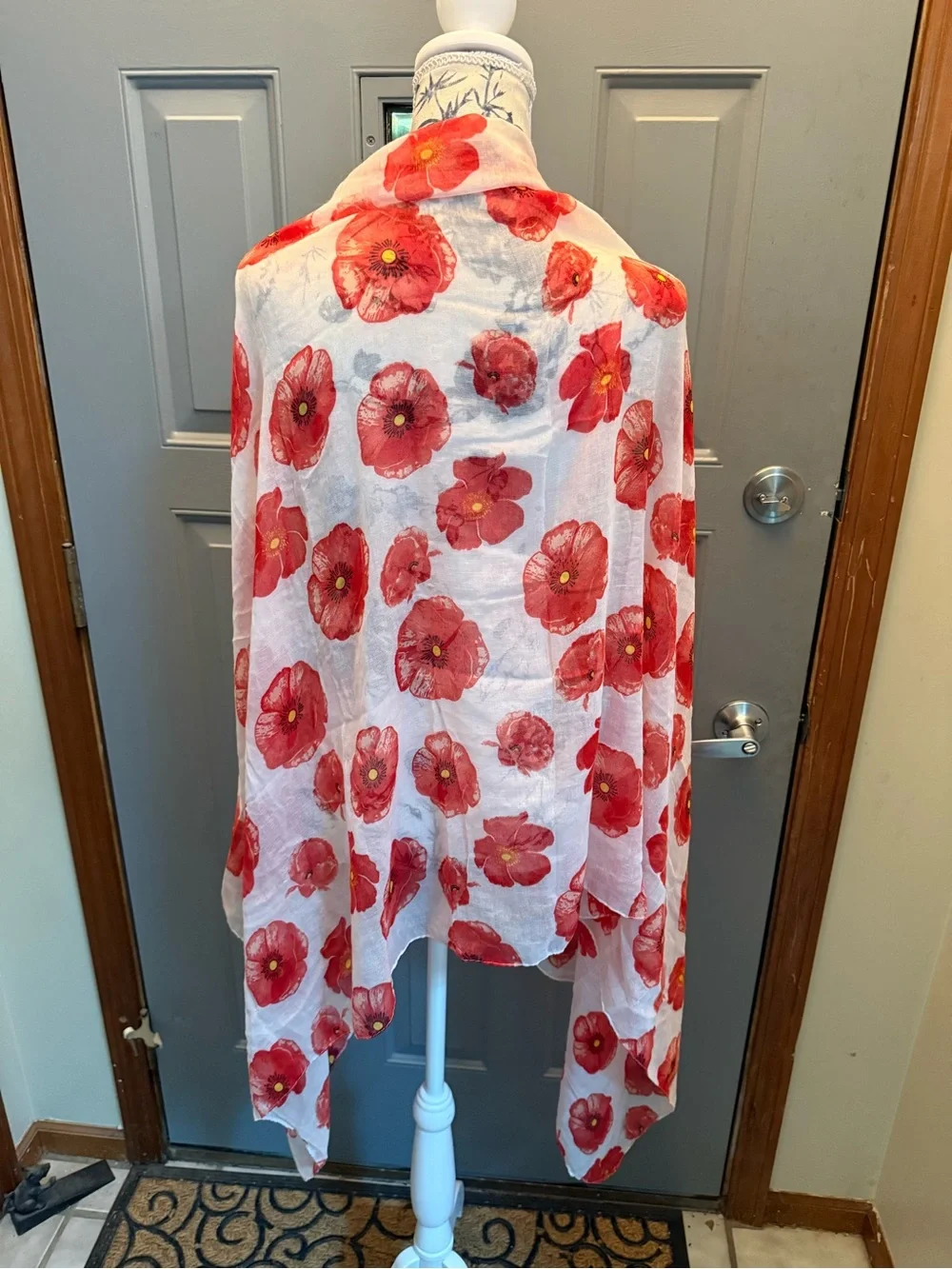 Lightweight Red White Floral Shawl/Scarf/Sarong  32 x70”- Poppies